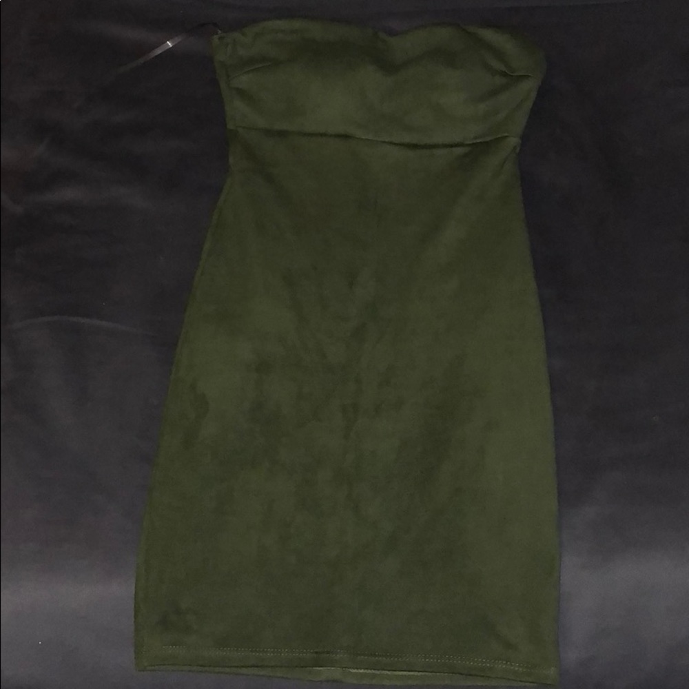 Suede Olive Green Strapless Dress with chocker
